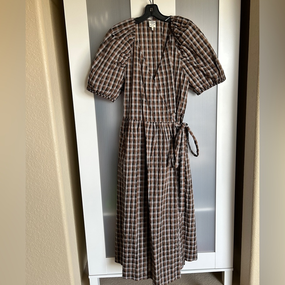 Baum und pferdgarten plaid brown wrap dress with puff sleeves